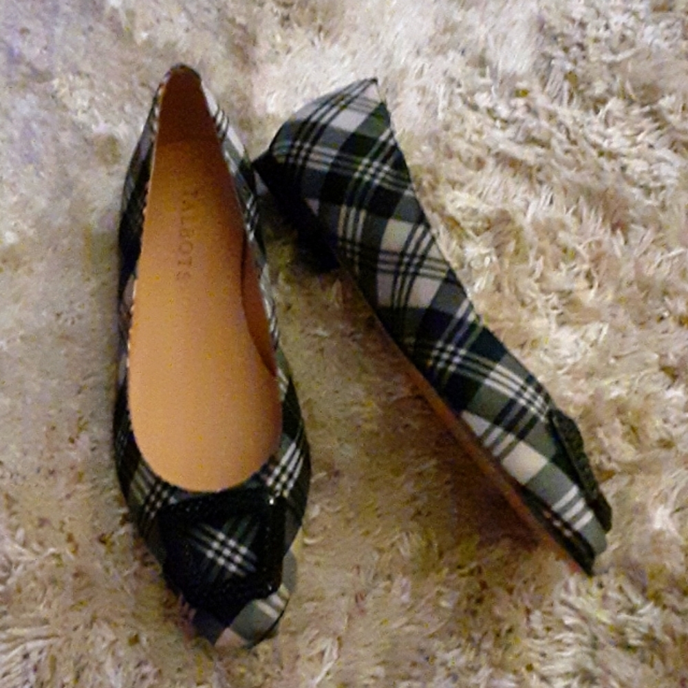 Talbots black white plaid flats beaded buckle Fabric upper Leather sole 6M NEW…